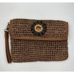 Cato Straw Wristlet Brown with Beading Detail